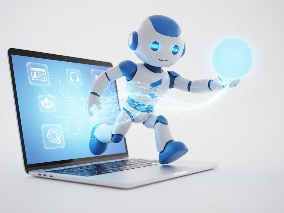 A cute blue and white robot emerges from a laptop screen, holding a glowing sphere. Digital waves connect them, symbolizing technology integration.