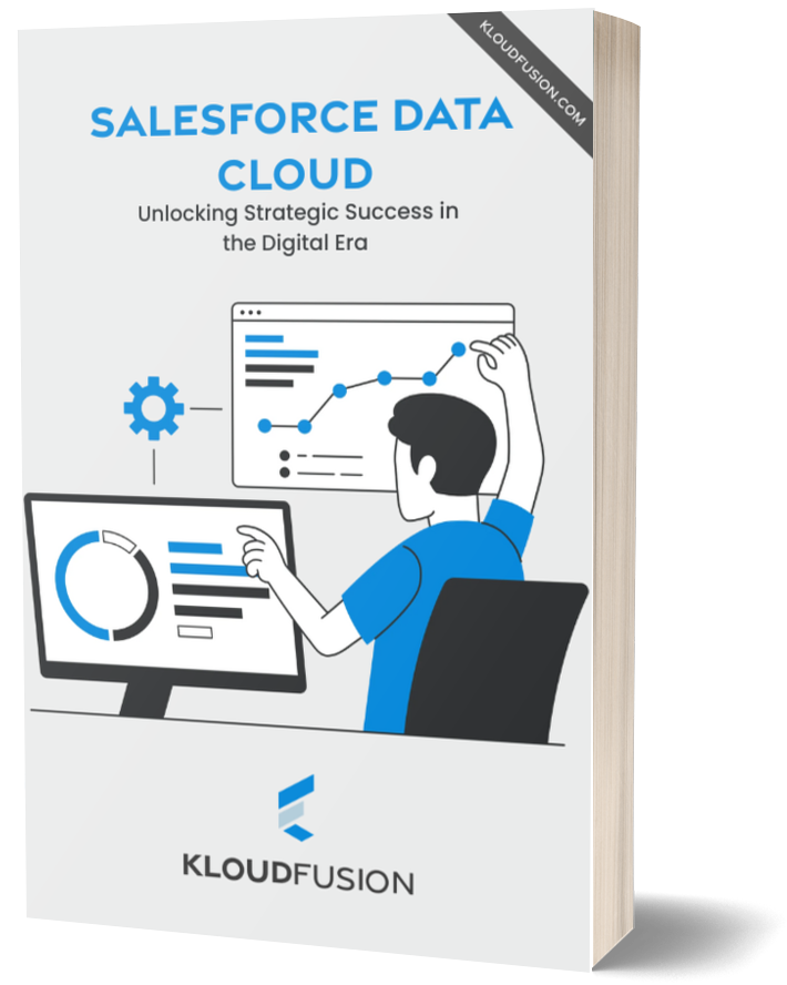 Illustrated book cover titled "Salesforce Data Cloud" by Kloudfusion. Depicts a person analyzing charts on computer screens, conveying a tech and data theme.