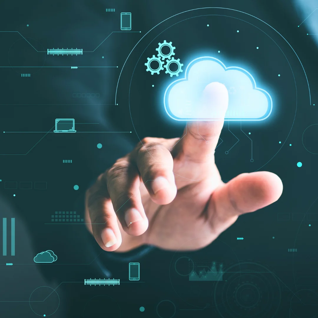 Cloud computing concept in a business setting, showcasing digital data storage and collaboration tools.