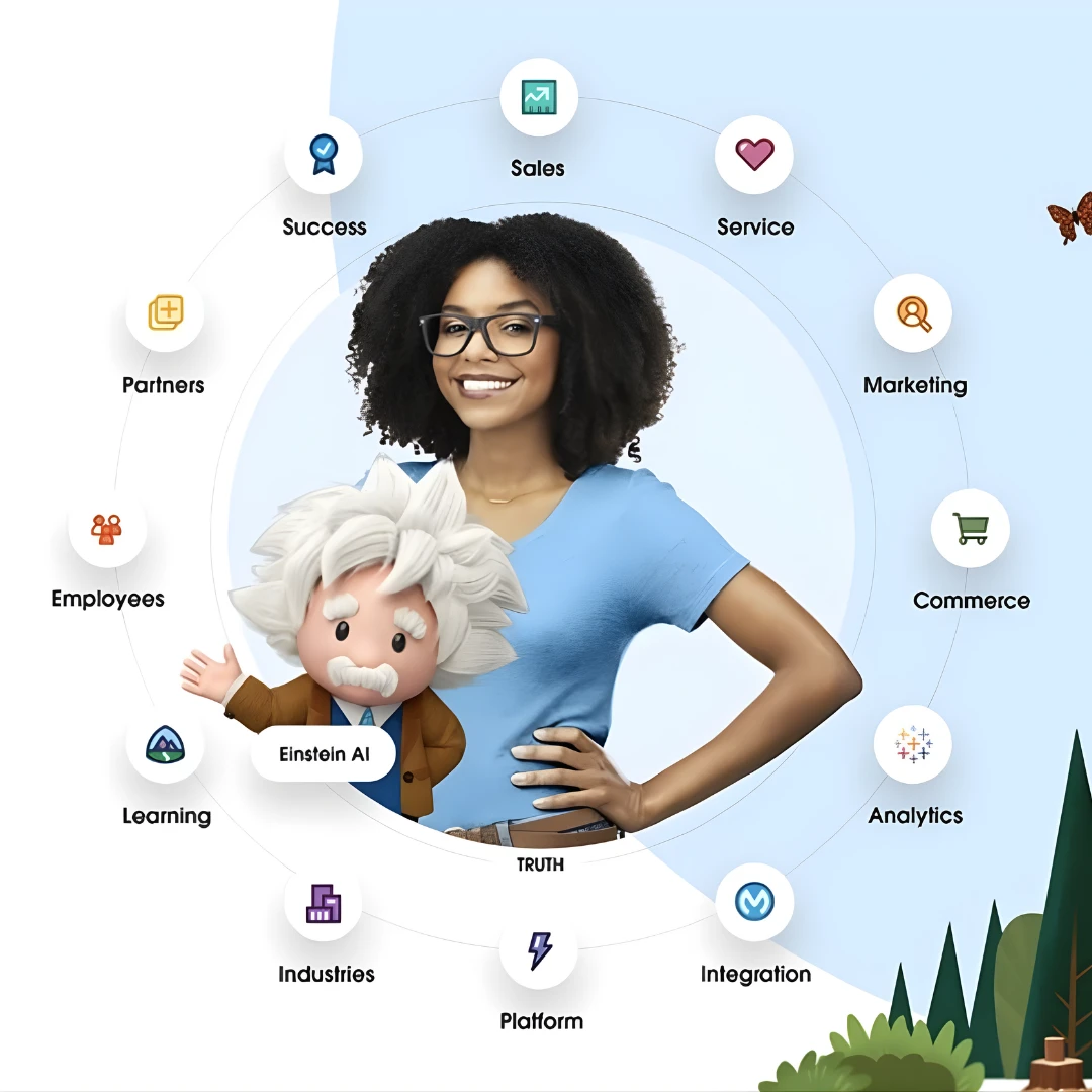 A woman holds a doll surrounded by various colorful icons representing different themes and activities.