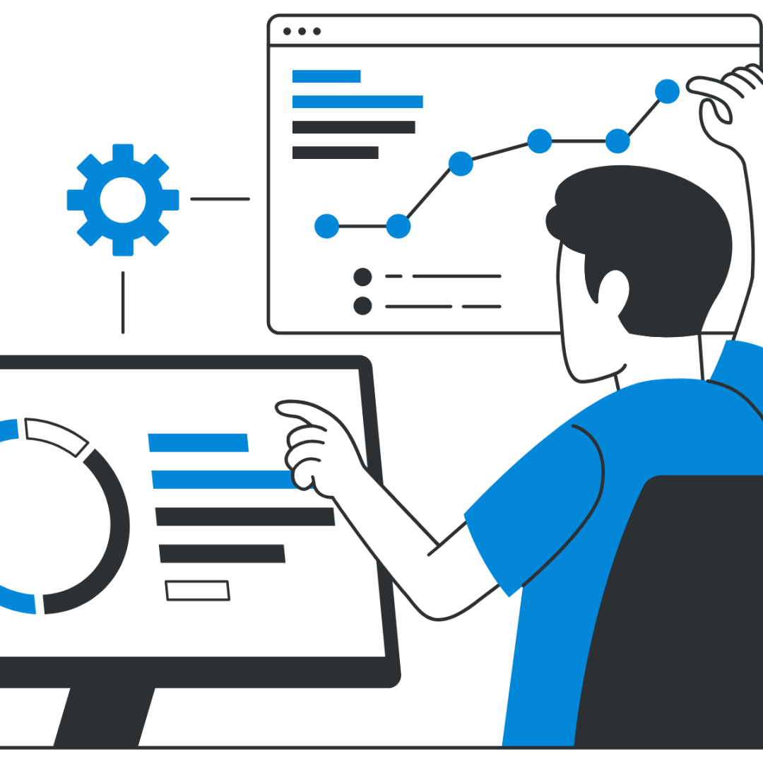 A person in a blue shirt analyzes graphs on two screens, showing a line chart and a pie chart, highlighting data analysis and focus.