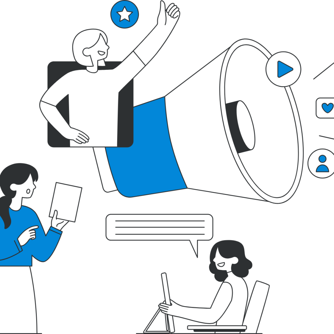 Illustration of a giant megaphone with people around it. A person gives a thumbs up, others are working or holding papers. Icons show likes and play buttons, symbolizing communication and social media engagement.