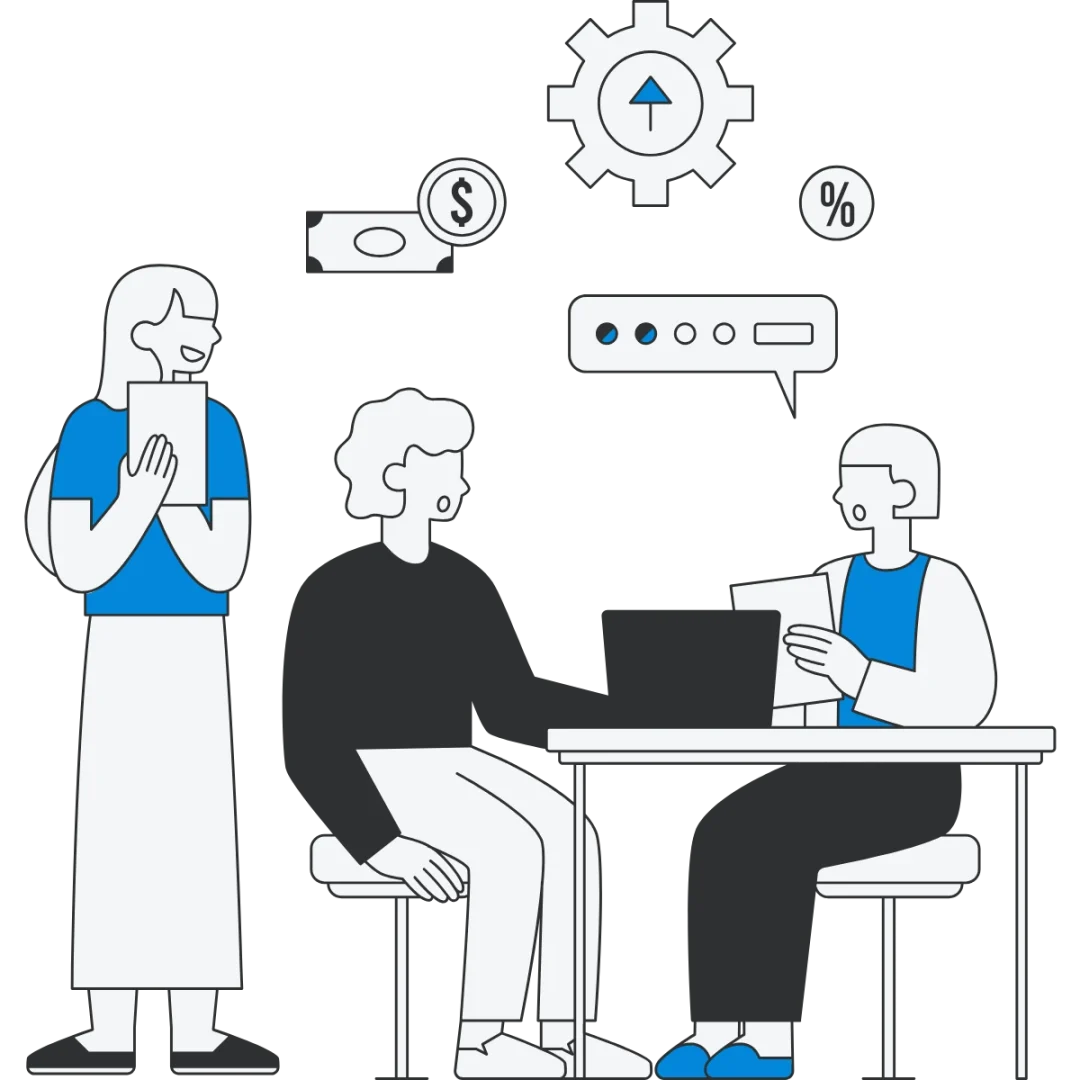 Three illustrated figures engage in a business discussion. Icons of money, percentages, and a gear indicate a financial theme. The mood is collaborative.