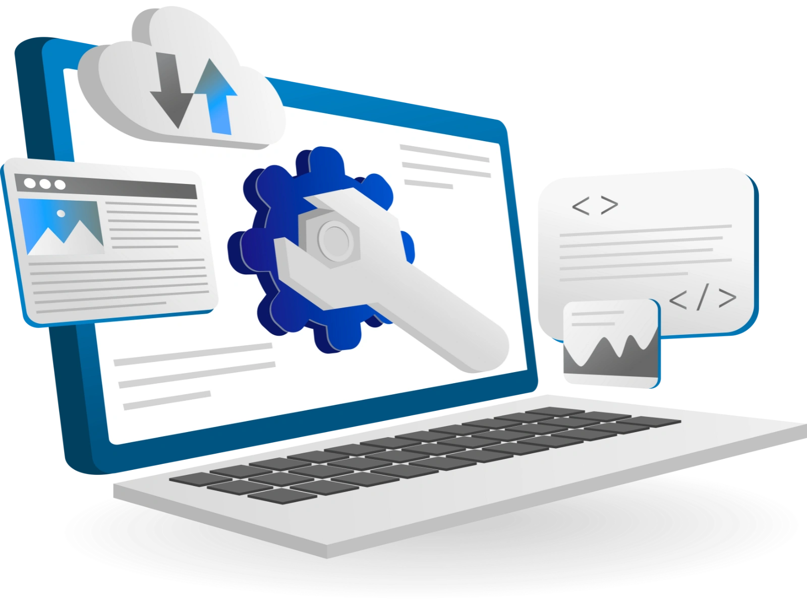 Illustration of a laptop displaying a wrench and gear, symbolizing website tools. Nearby icons represent cloud storage and web development code.