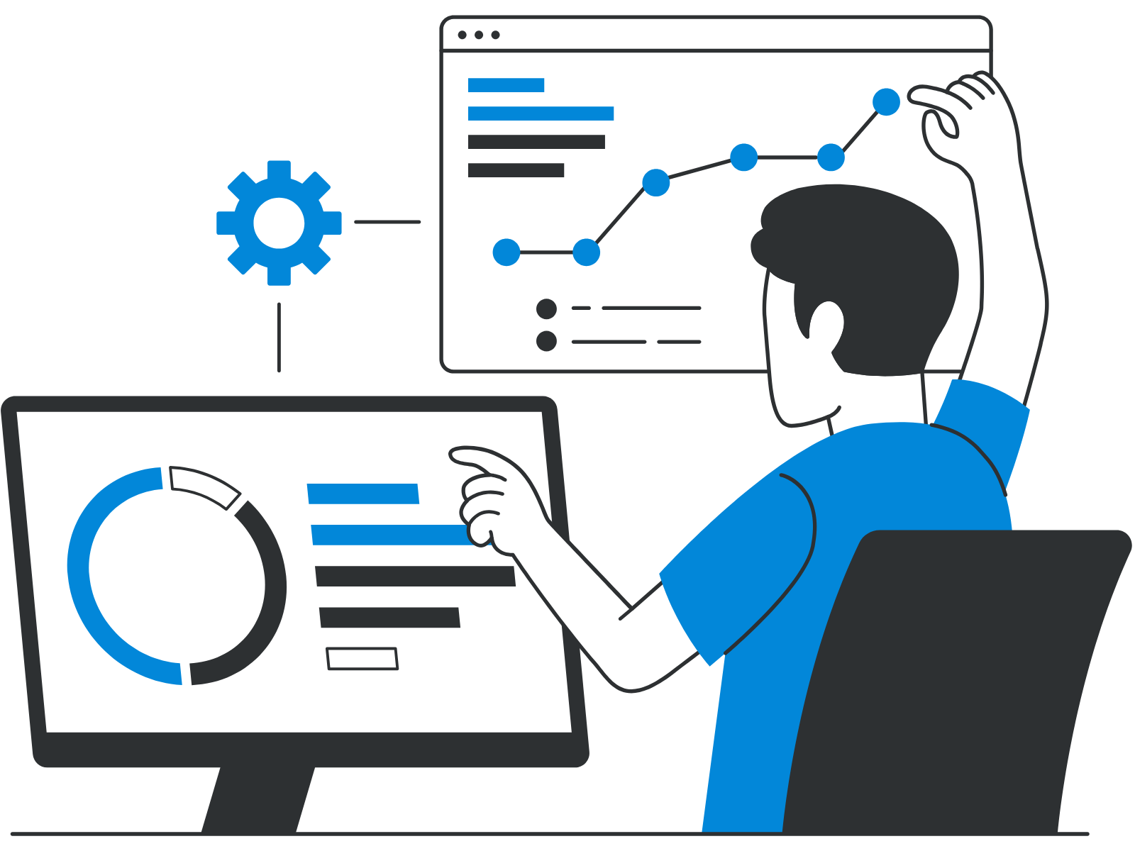 A person in a blue shirt analyzes graphs on two screens, showing a line chart and a pie chart, highlighting data analysis and focus.