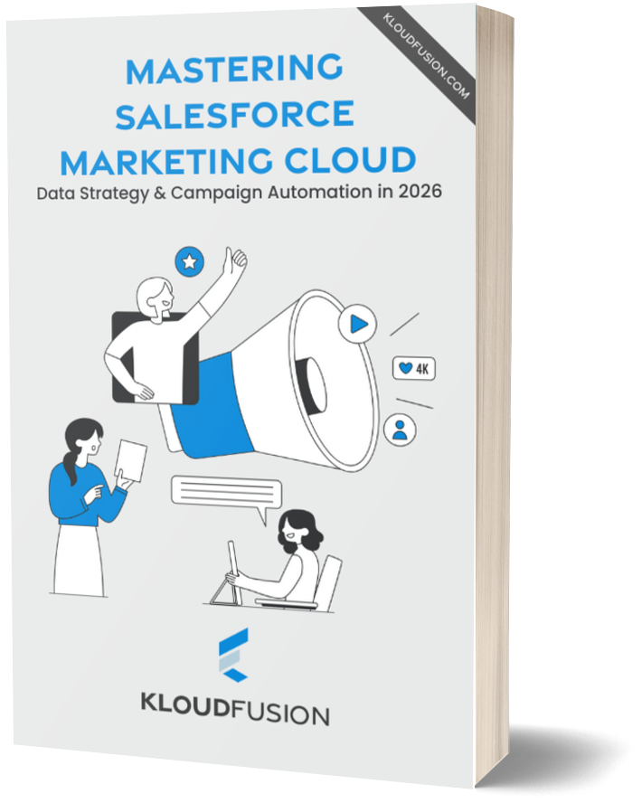 Cover of "Mastering Salesforce Marketing Cloud" book featuring stylized illustrations of people, a megaphone, and social media icons in blue and black.