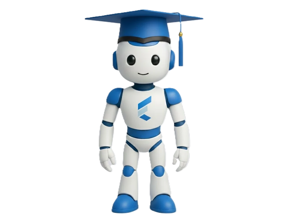 Smiling robot in a blue and white outfit wears a graduation cap with a tassel. It stands against a black background, conveying a playful educational theme.
