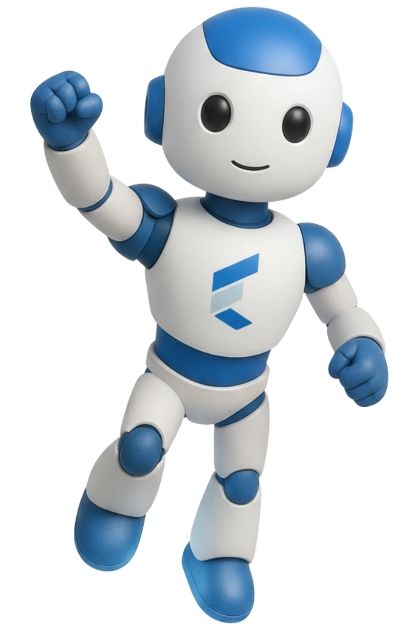 A cute blue-and-white robot with a smiling face is in a dynamic pose, suggesting motion or excitement, on a black background. The robot has a logo on its chest.