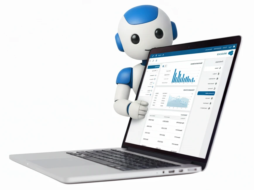 A friendly blue and white robot leans over a laptop displaying data charts and graphs. The scene conveys advanced technology and data analysis.