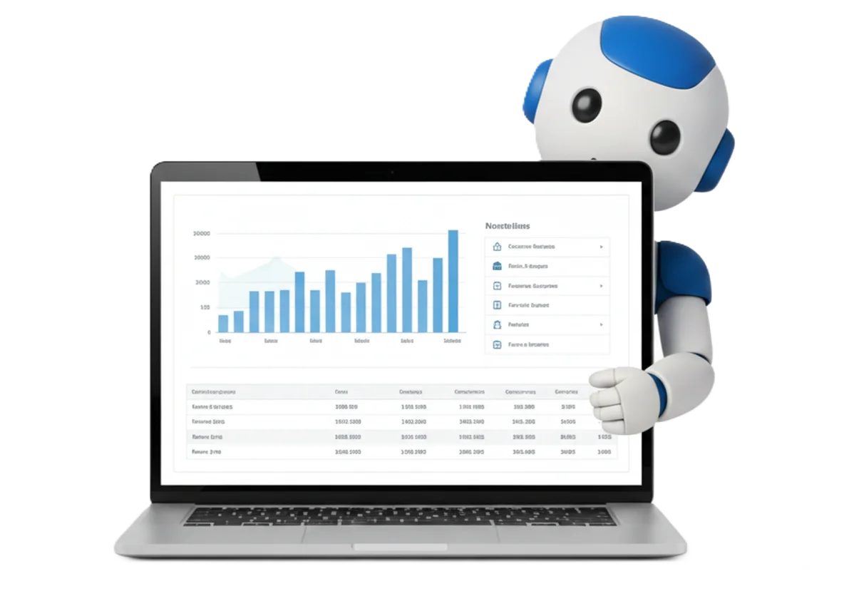 A cute blue and white robot stands next to a laptop displaying a bar chart and data table, symbolizing technology and data analysis.