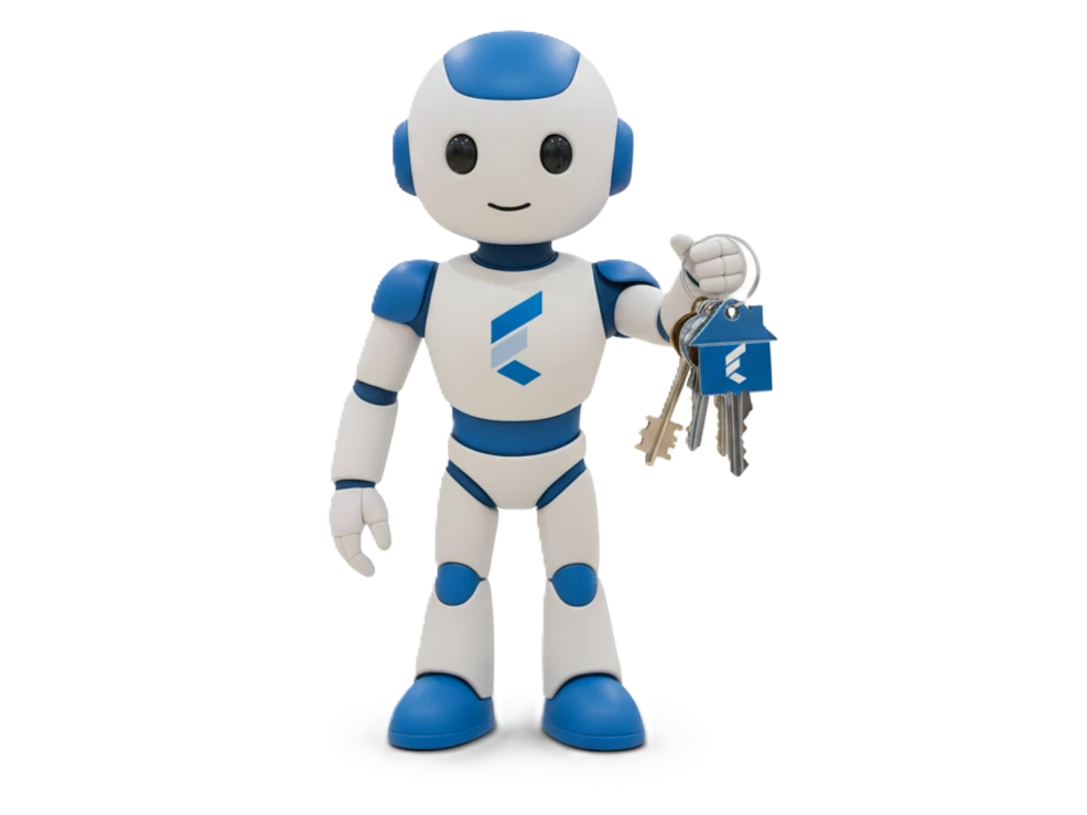 A friendly white and blue robot holding a set of keys with a blue keychain, featuring a logo, against a black background. The robot appears welcoming.