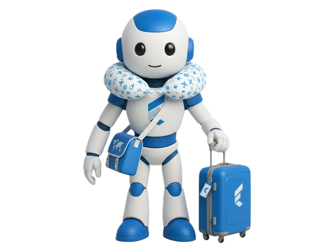 Cute robot character with a blue and white design holds a suitcase and wears a neck pillow covered in travel icons. The robot smiles warmly.