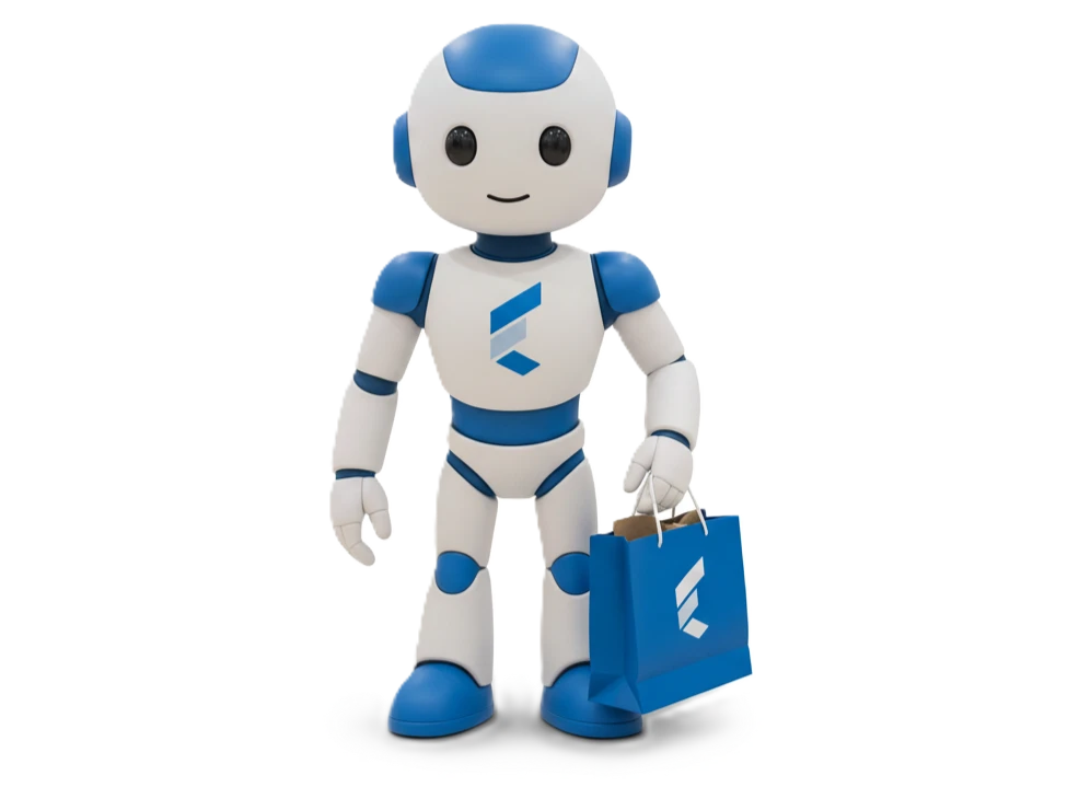 Friendly white robot with blue accents, holding a blue shopping bag, stands against a black background. The robot has a smiling face and a logo on its chest.