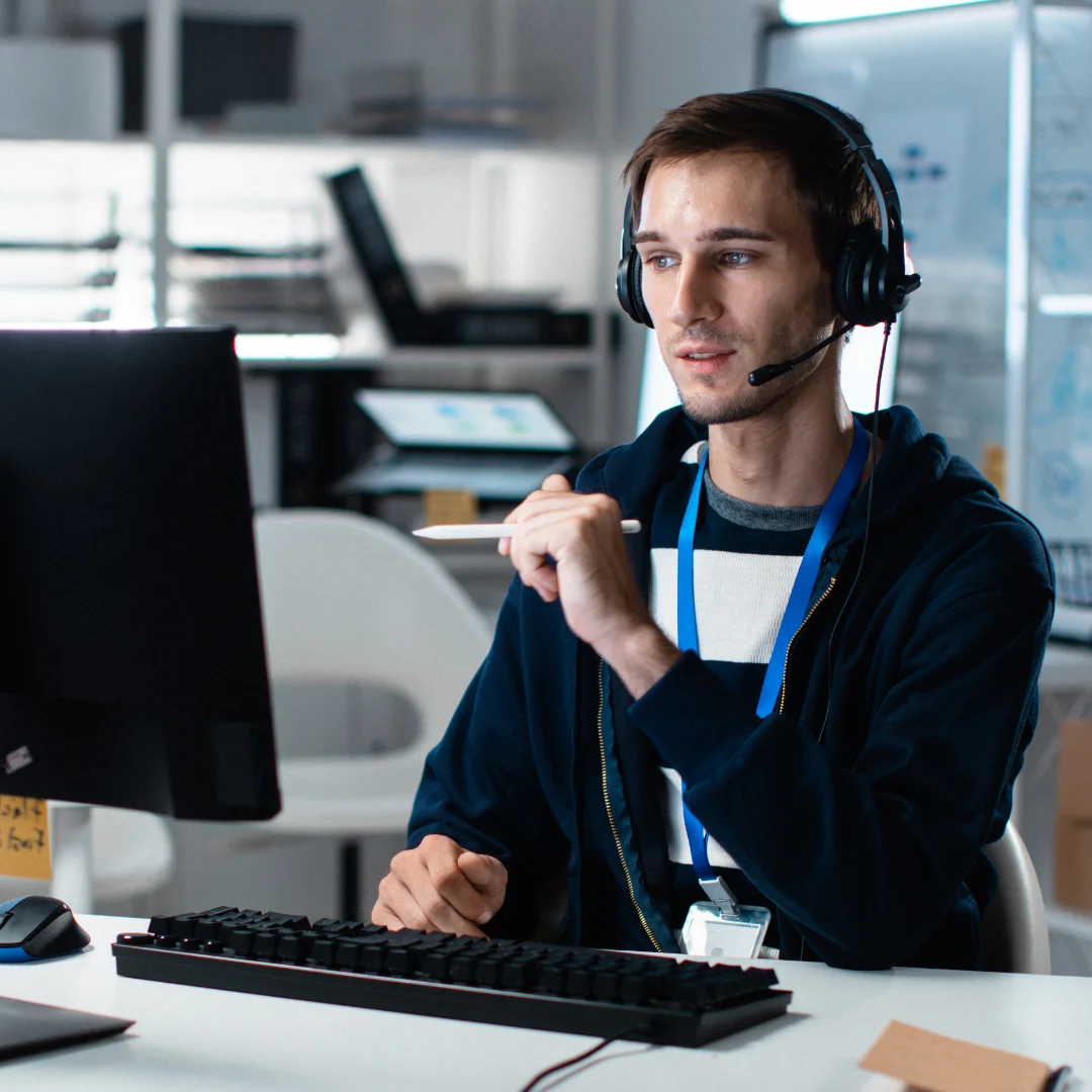 A man with a headset sits at a desk, focused on his work, surrounded by office supplies and a computer.