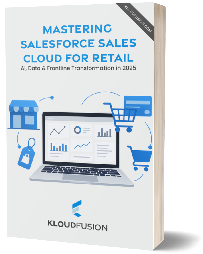 3D book cover titled "Mastering Salesforce Sales Cloud for Retail" with icons of a laptop, store, cart, and credit card, emphasizing retail tech.