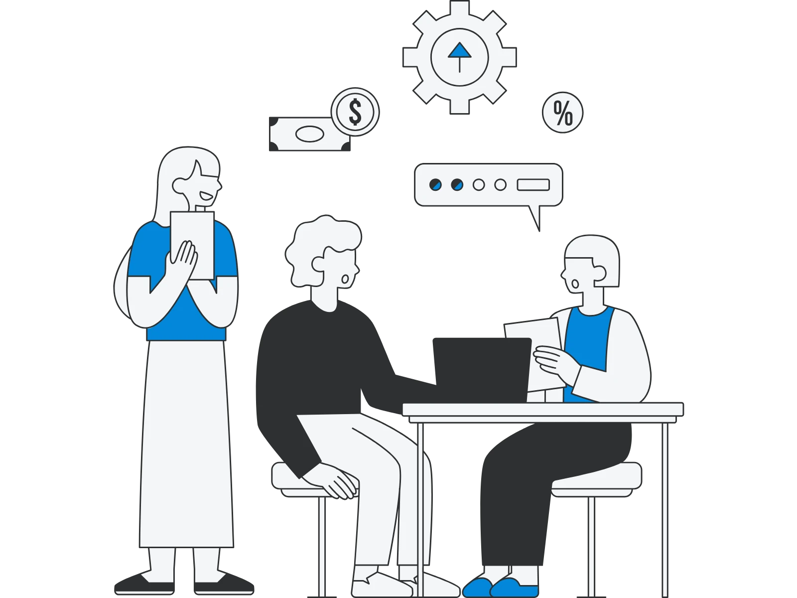 Three illustrated figures engage in a business discussion. Icons of money, percentages, and a gear indicate a financial theme. The mood is collaborative.