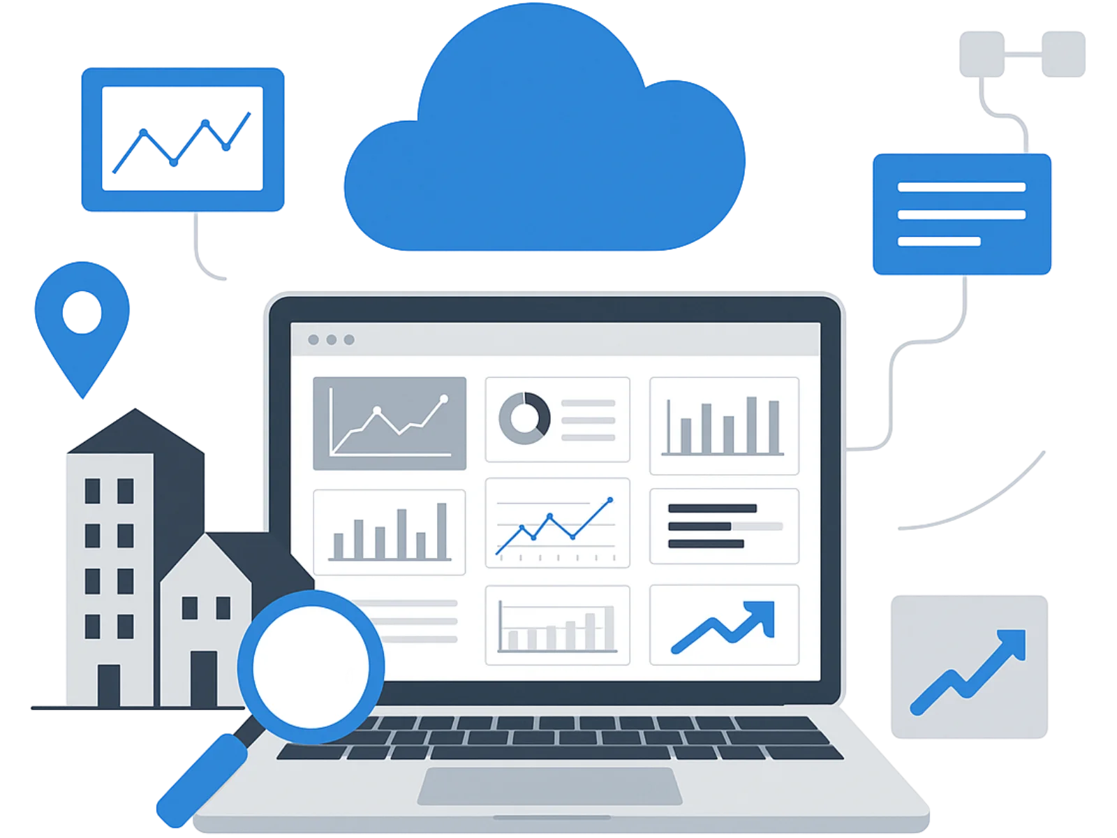 Laptop displaying data charts surrounded by cloud, magnifying glass, buildings, and flowchart icons. Represents data analysis and technology.
