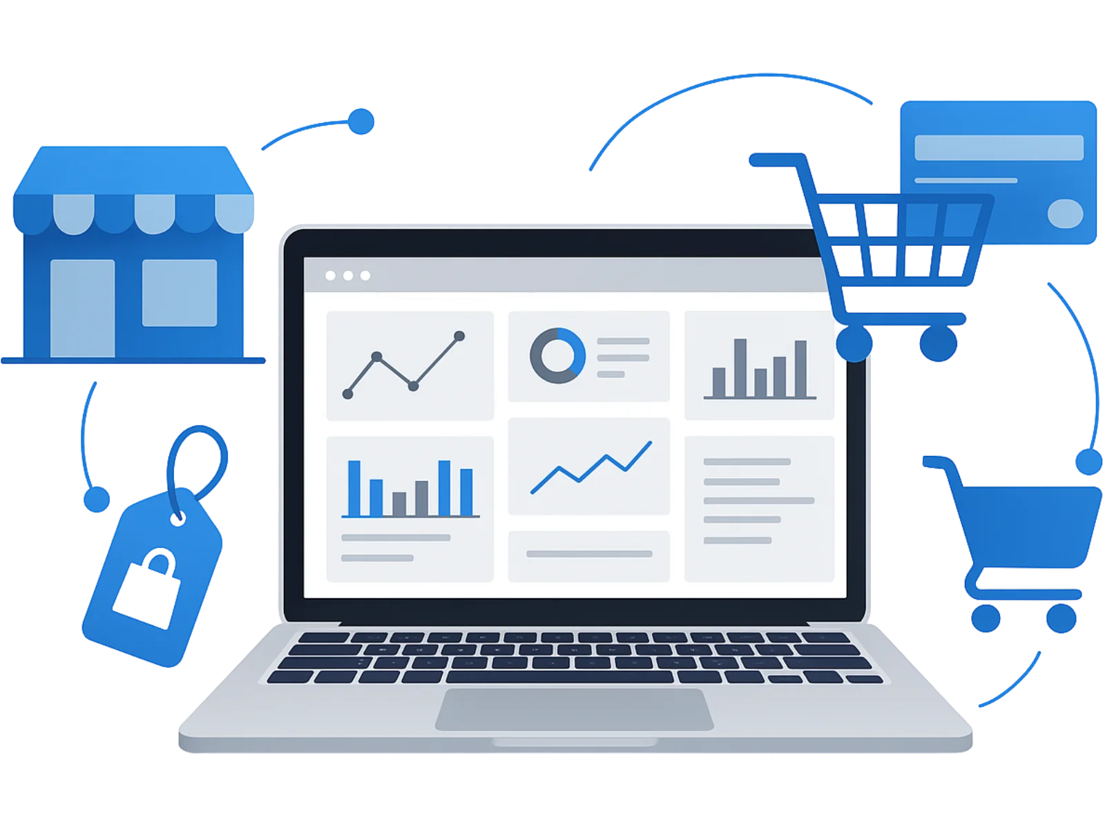 Laptop displaying analytics surrounded by icons of a store, shopping carts, a price tag, and a credit card, illustrating e-commerce concepts.