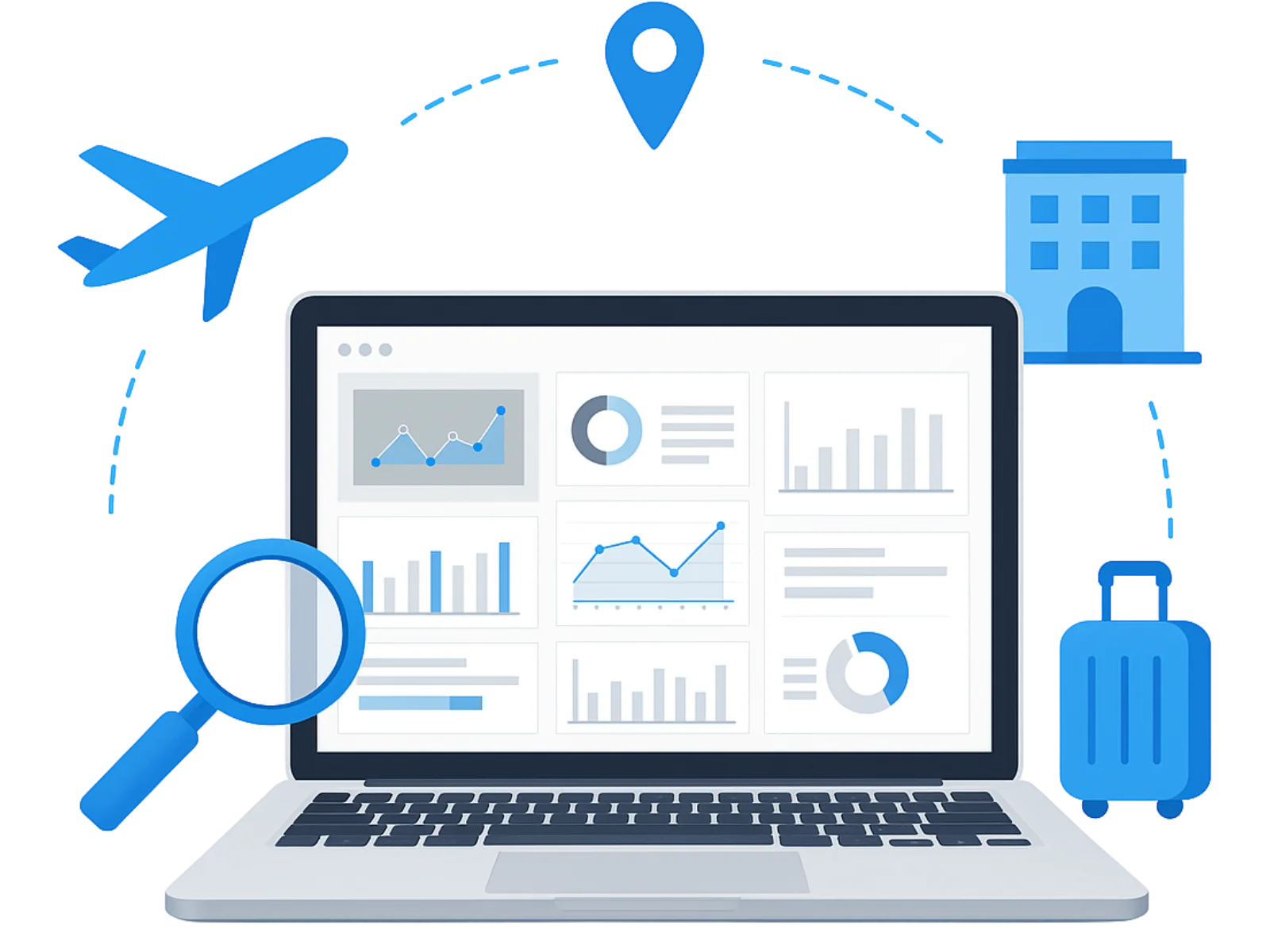 Laptop displaying analytics charts with icons of a plane, location pin, building, magnifying glass, and suitcase, symbolizing travel and data analysis.
