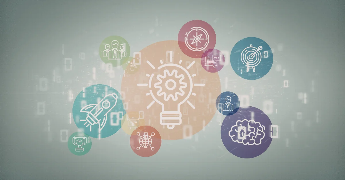 Light bulb surrounded by icons representing the Salesforce Implementation Process, symbolizing ideas and innovation.