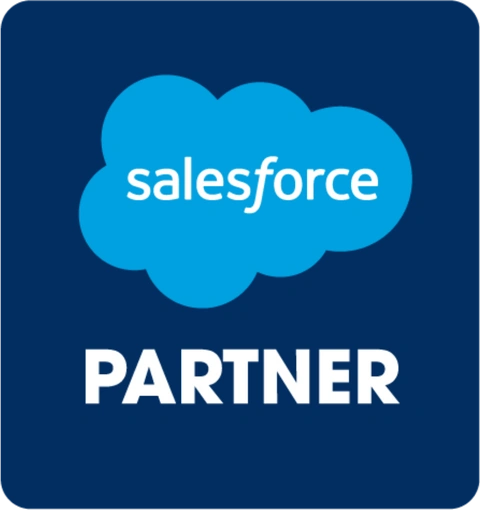 Blue badge with the Salesforce logo inside a cloud shape above the word "PARTNER" in bold white letters, on a dark blue background.