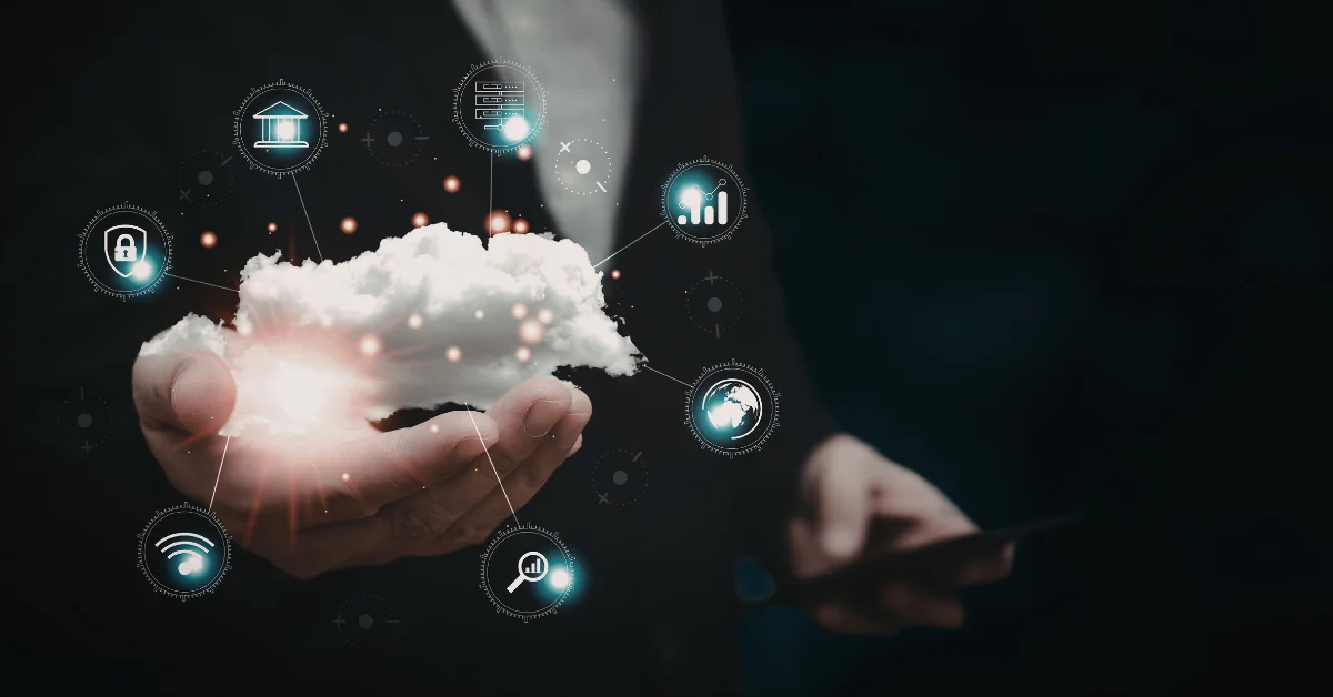 Businessman holding a smartphone displaying cloud computing icons related to Salesforce Service Cloud.