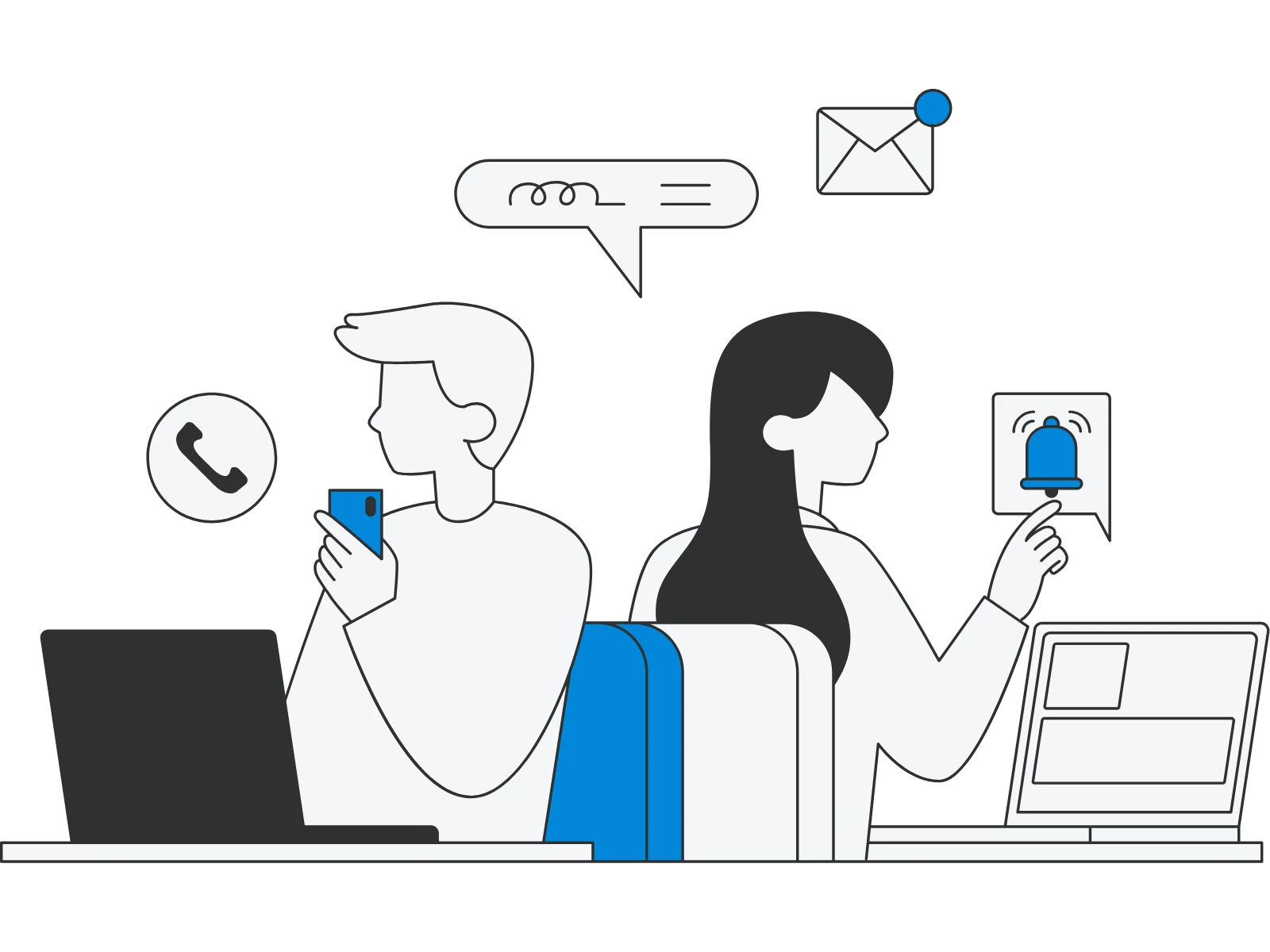 Two people sit back-to-back, each focused on their devices. Speech bubbles show phone, message, and notification icons, conveying digital communication.