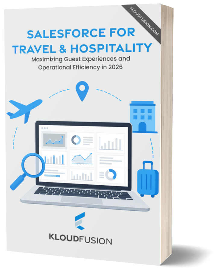 Cover of "Salesforce for Travel & Hospitality" by Kloudfusion. Features a laptop with charts, an airplane, hotel, suitcase, and location pin graphics.